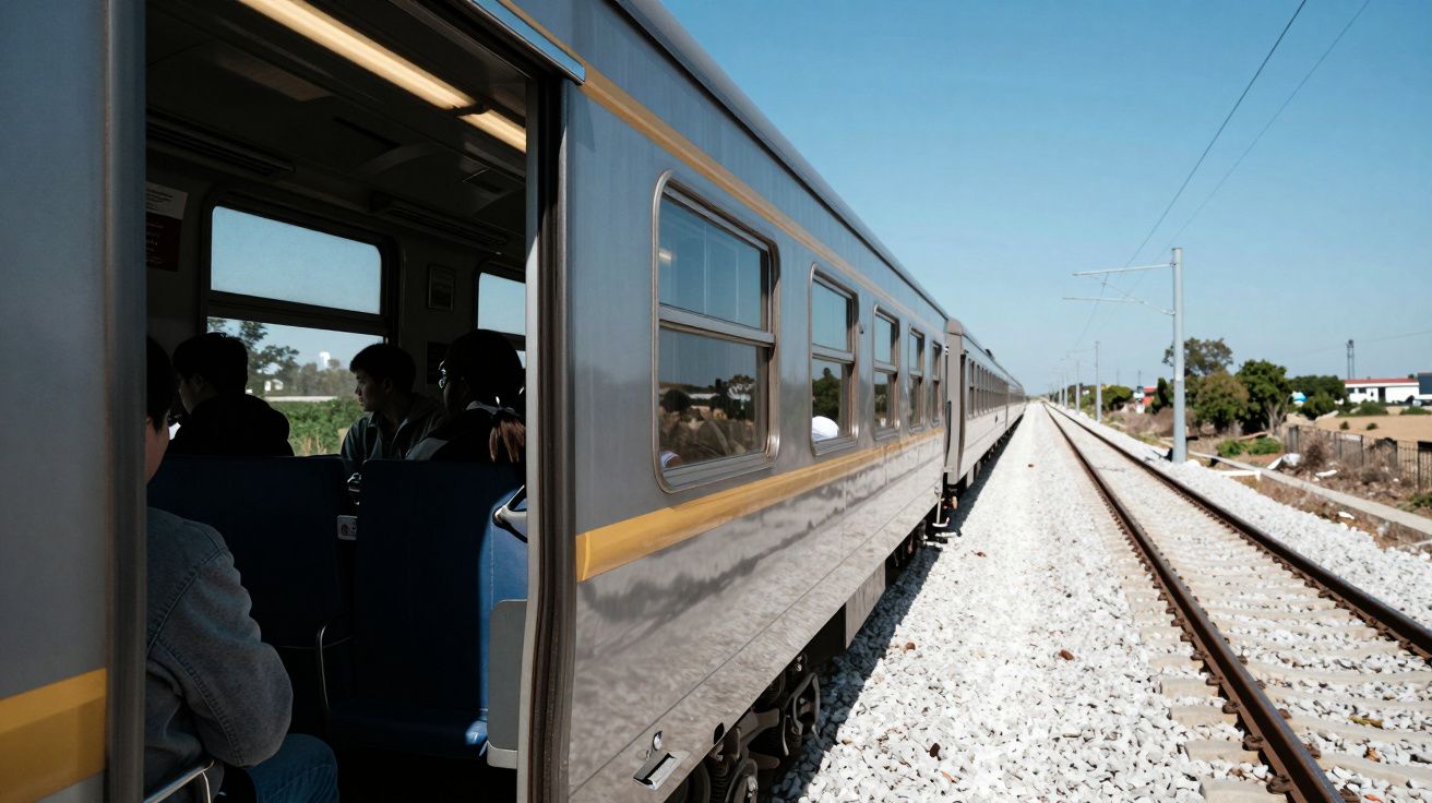 Train on tracks with passengers inside, clear sky, rural landscape in background.
