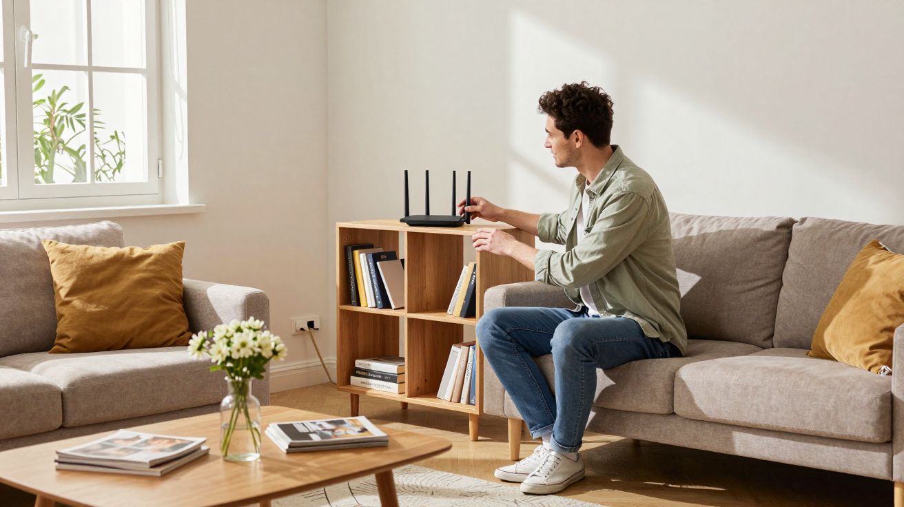 Man adjusting a Wi-Fi router on a wooden shelf in a cosy, sunlit living room with beige sofas and a wooden coffee table.
