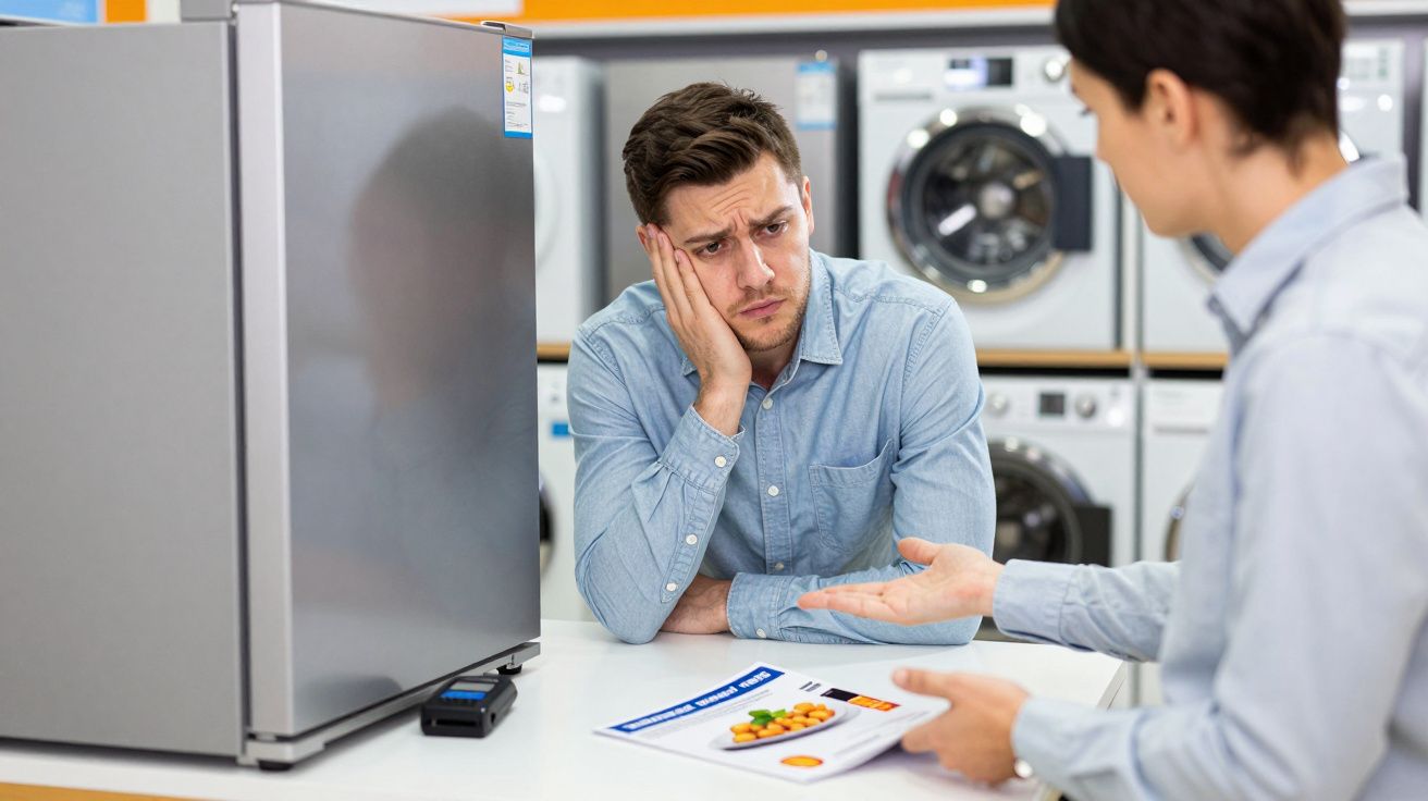 Man in blue shirt looking concerned in an appliance store, discussing a refrigerator with a salesperson holding a brochure.