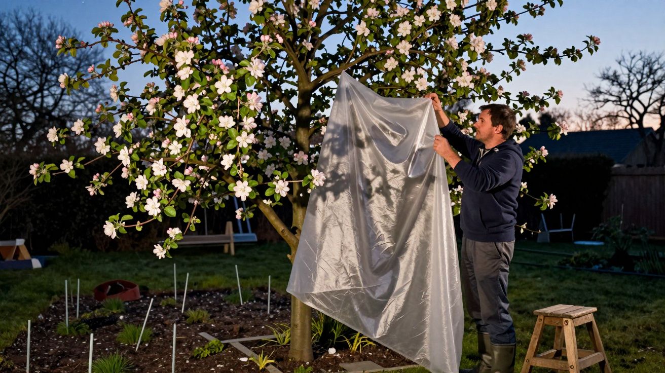 Man covering blossoming tree with a plastic sheet in a garden at dusk.
