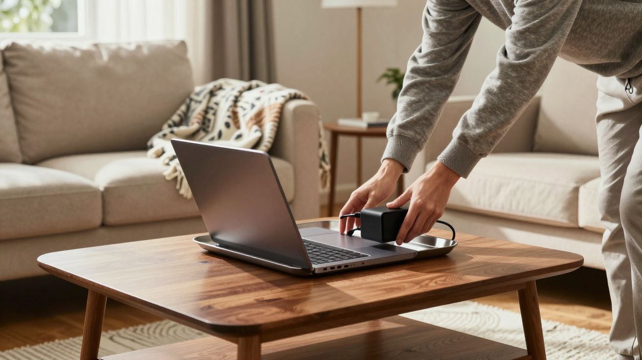 Person plugging charger into laptop on wooden coffee table in cosy living room with sofa and lamp.