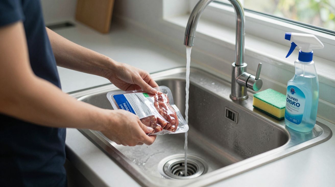 Person holding packaged meat under running kitchen tap near cleaning supplies.