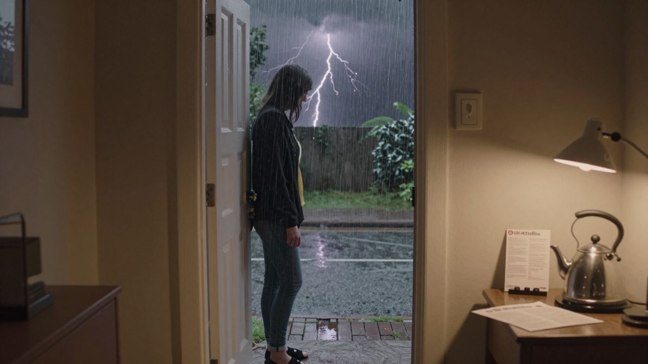 Woman stands in open doorway, watching a thunderstorm with visible lightning in the rain outside.