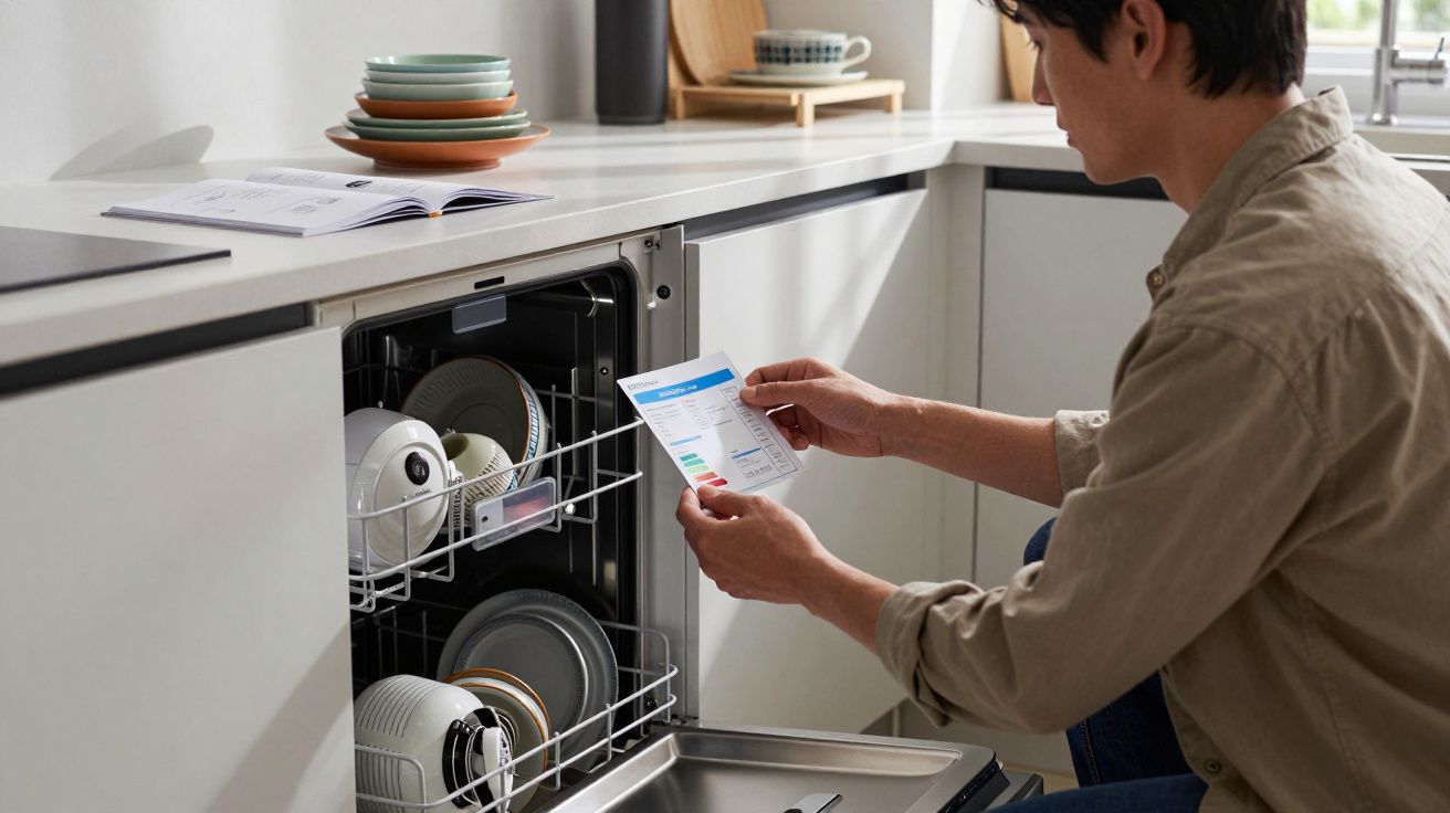 Man kneeling in kitchen, reading dishwasher manual with open dishwasher filled with dishes.