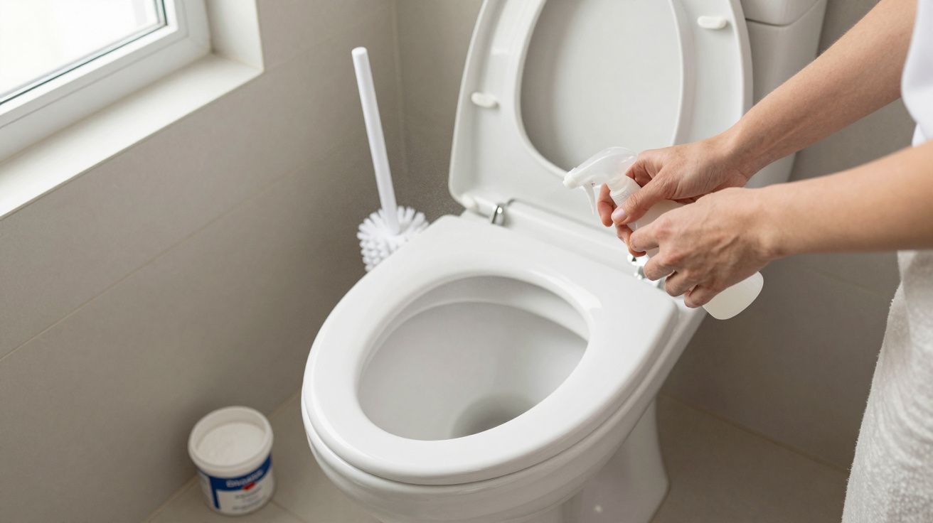 Person cleaning a toilet with a spray bottle, next to a brush and cleaning product in a bright bathroom.