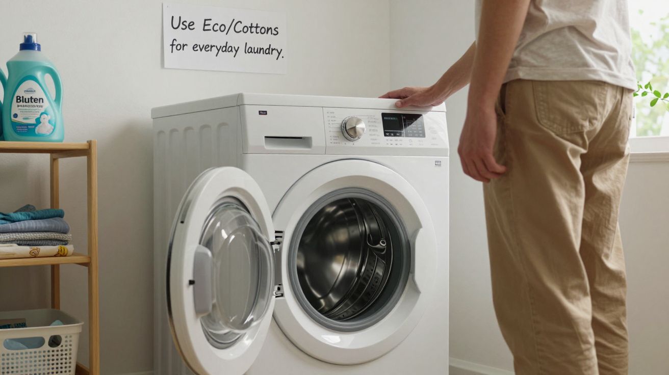 Person using a white washing machine with an open door, detergent on a shelf, and a "Use Eco/Cottons" sign on the wall.