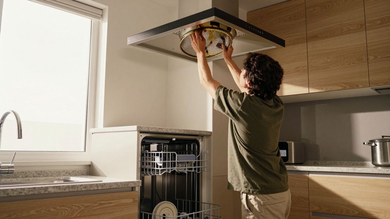 Person cleaning a range hood filter in a modern kitchen with light wood cabinets and open dishwasher.