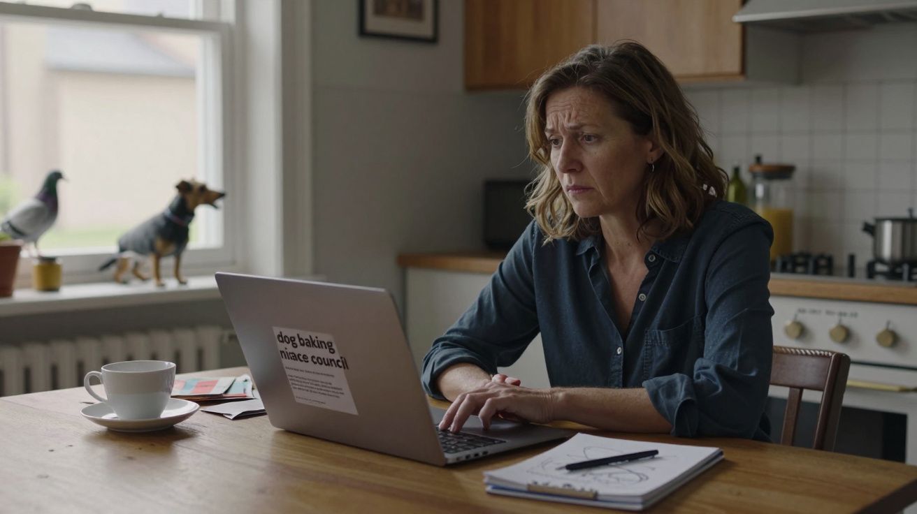 Woman in kitchen typing on laptop, looking concerned. Pigeons on windowsill, notepad and coffee cup on table.