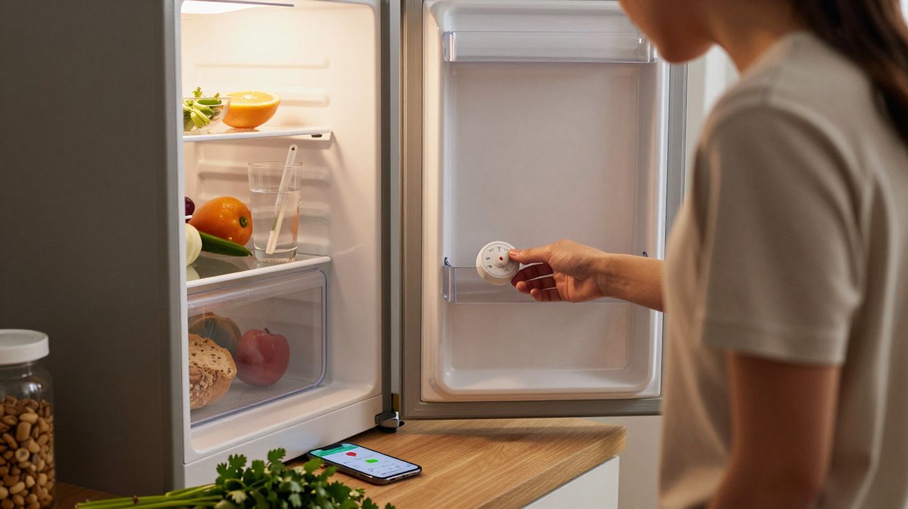 Person adjusting a dial inside an open fridge, with fruits, vegetables, and a smartphone on the counter.