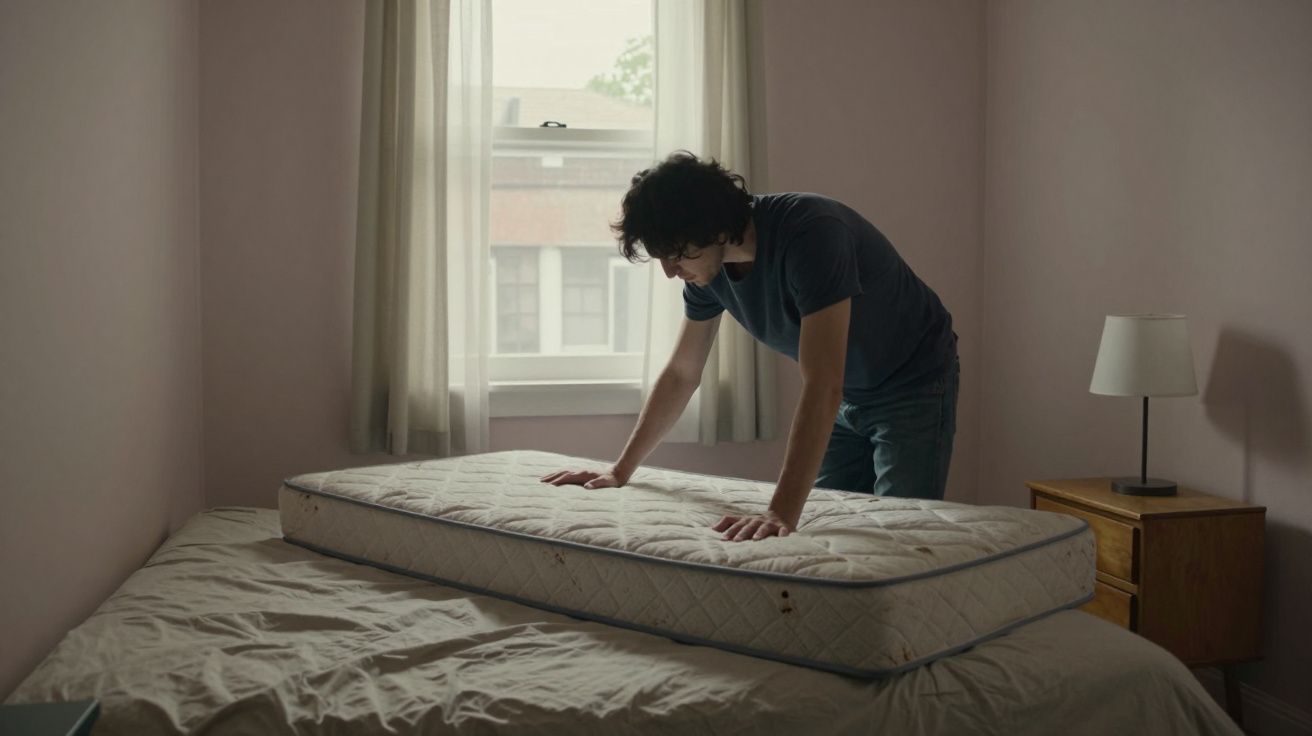 Person inspecting a small mattress on a bed in a softly lit room with light walls and a window view.
