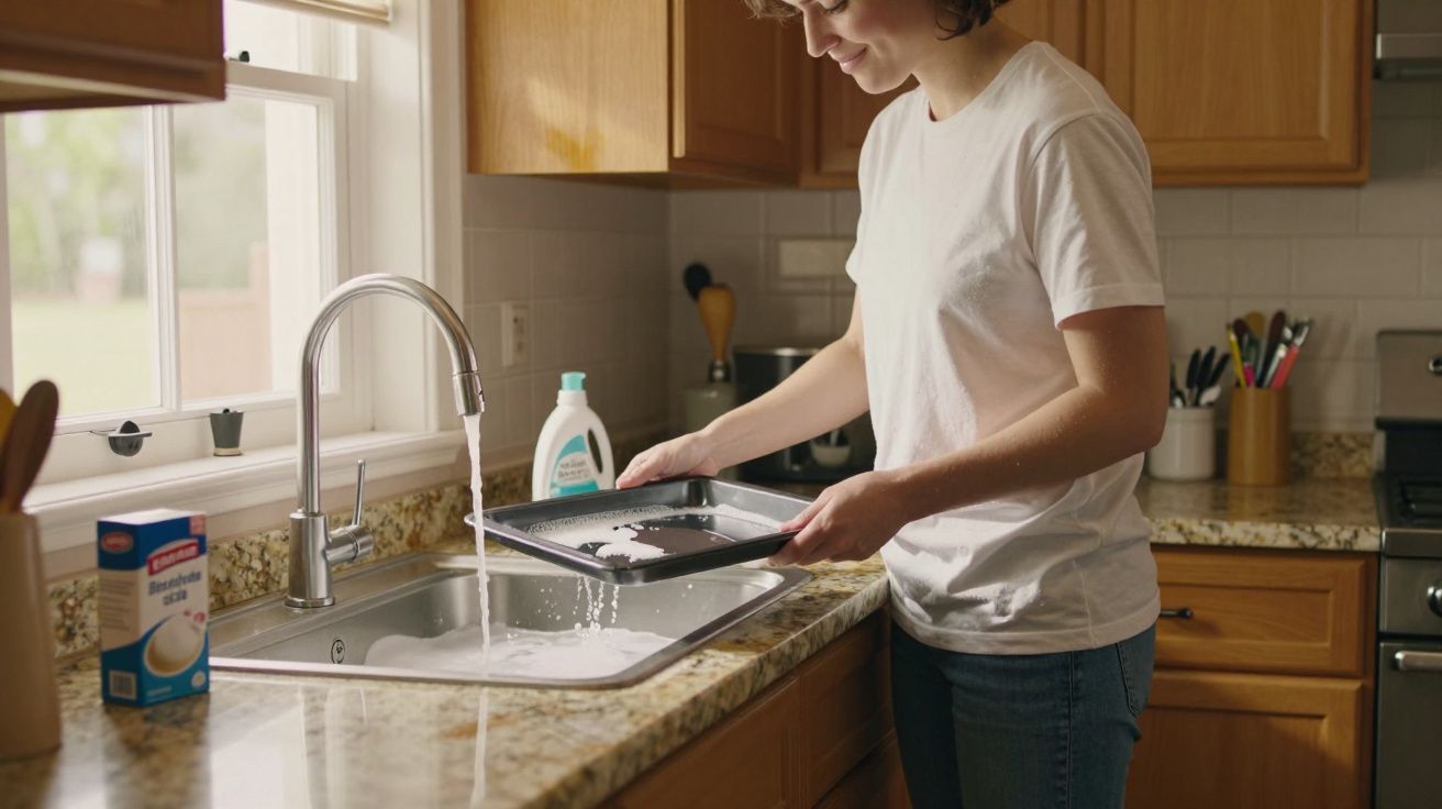 A person in a white T-shirt washes a baking tray at a kitchen sink under running water.